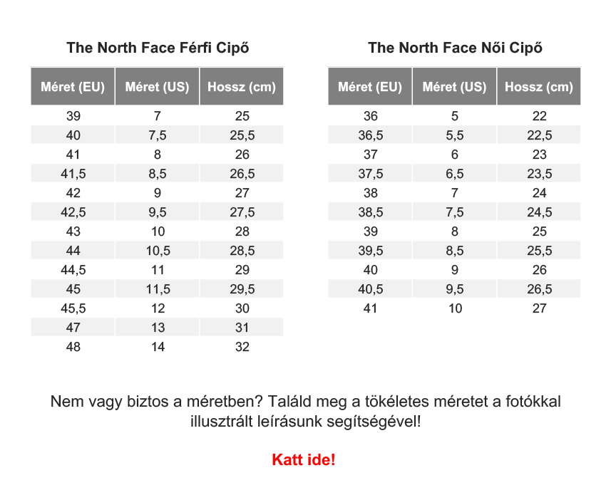 The North Face Cipő Mérettáblázat